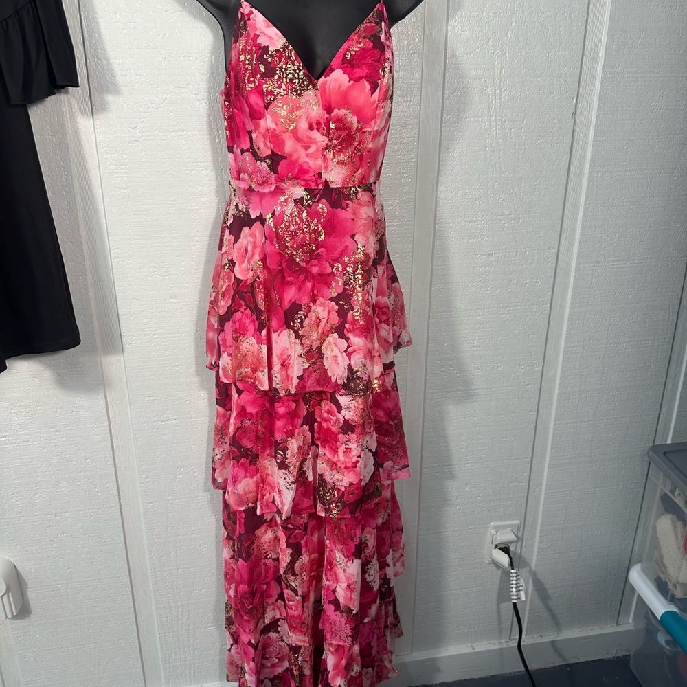 Crystal Doll Juniors' Tiered Pink Floral-Print Lurex Maxi Dress Size 5 EUC - Picture 3 of 9